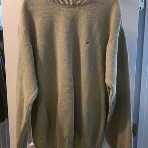Tommy Hilfiger Olive Crewneck Sweater with Flag Logo